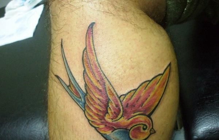 小腿上的小鸟纹身图案