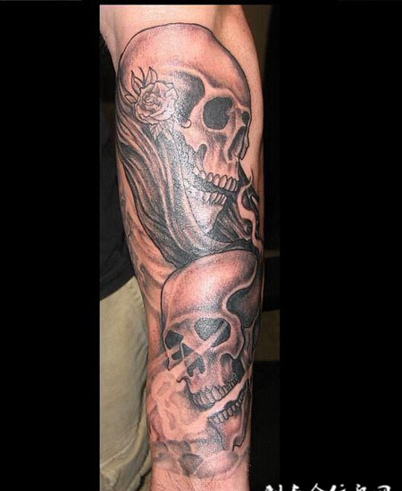 小臂上的双骷髅头纹身图案