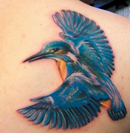 背部蓝色小鸟纹身图案