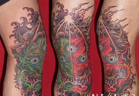 小腿上的火焰龙头纹身图案