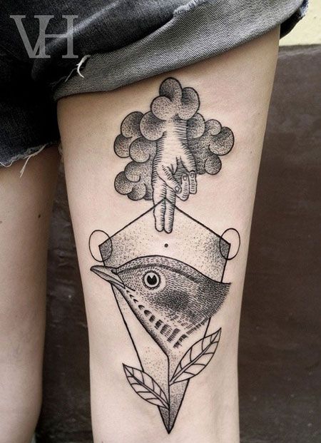 大腿创意小鸟与手纹身图案