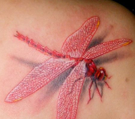 肩部红色蜻蜓纹身图案