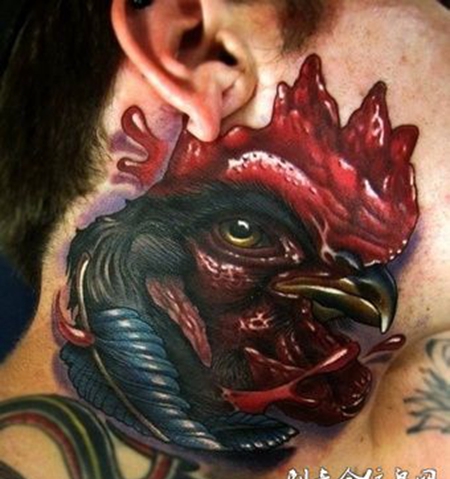 颈部公鸡纹身图案