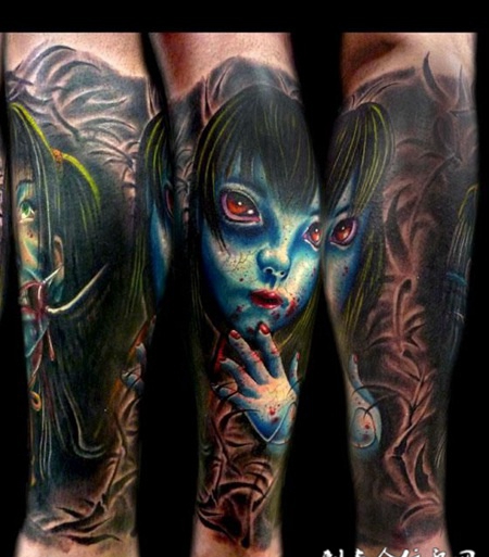 小腿上的丧尸娃娃纹身图案