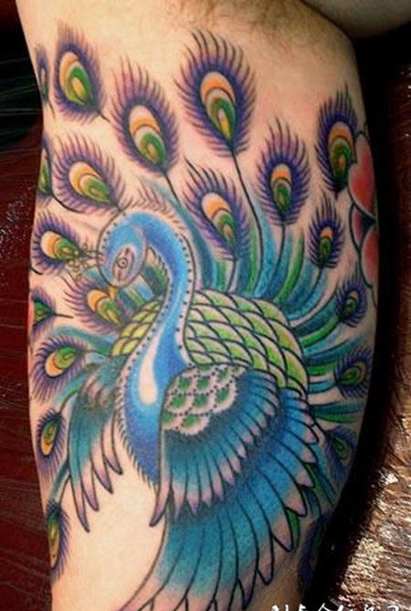 小腿上的孔雀的纹身图案