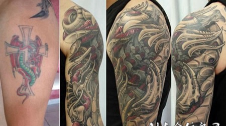 胳膊上的繁琐机械纹身图案