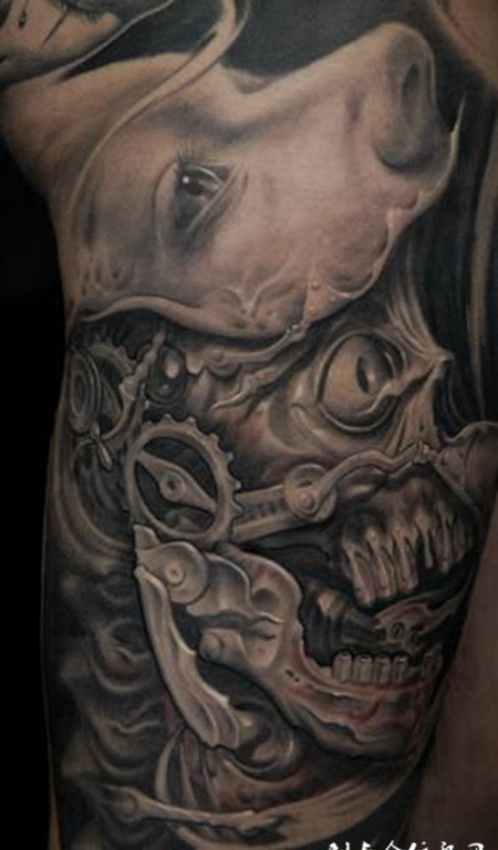 大腿上的骷髅头恶魔纹身图案
