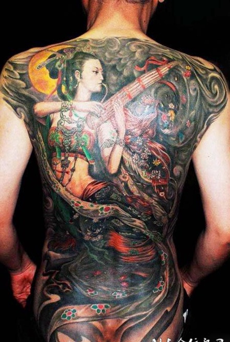 满背吹笙敦煌神女纹身图案