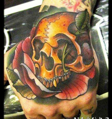 手背上的玫瑰花骷髅头纹身图案