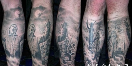 小腿上的墓地丧尸纹身图案