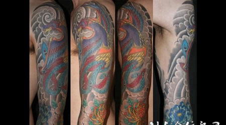 花臂菊花凤凰纹身图案