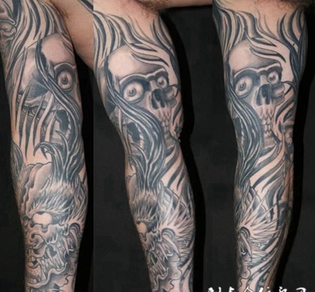 花臂骷髅龙头纹身图案