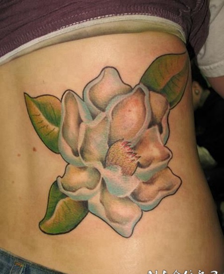 腰侧的昙花纹身图案