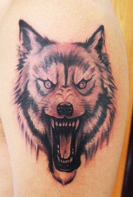 大臂怒吼的狼头纹身