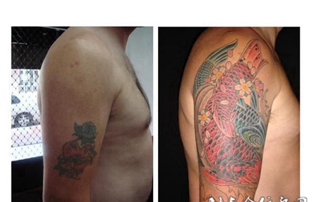 大臂遮盖鲤鱼纹身图案