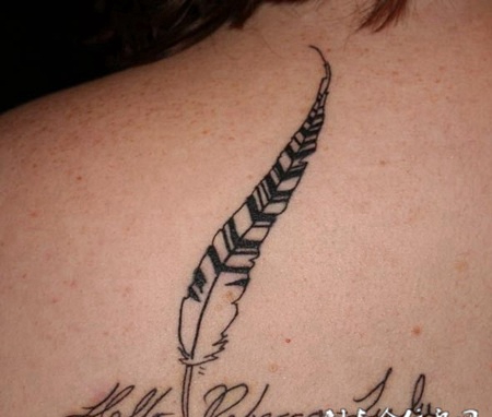 后背上的羽毛英文纹身图案