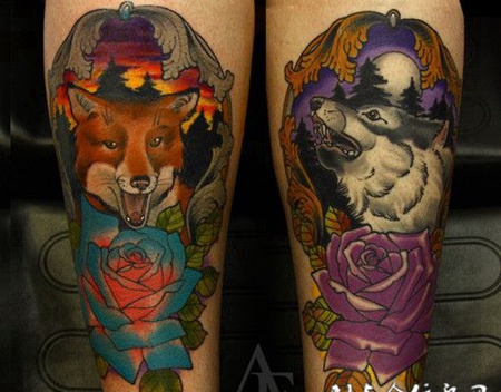 小臂上的狐狸玫瑰花纹身图案