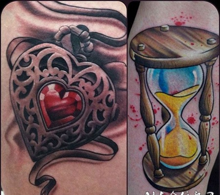 小腿上的沙漏心纹身图案