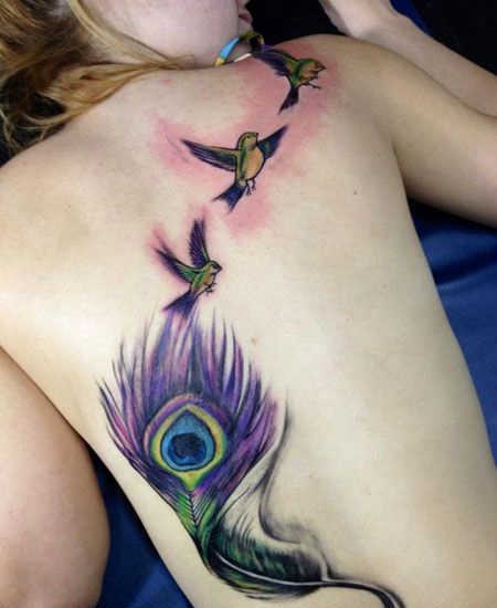 背部彩色羽毛飞鸟纹身图案