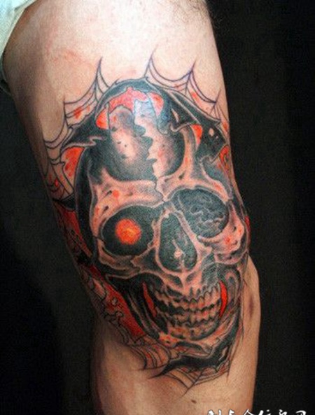 大腿上的蜘蛛网骷髅头纹身图案