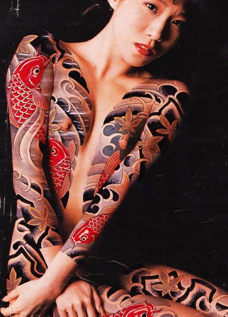 全身私密锦鲤浪花纹身图案