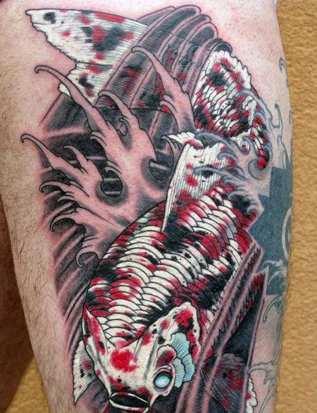 大腿锦鲤浪花纹身图案