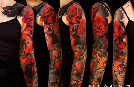 花臂玫瑰花蜘蛛纹身图案