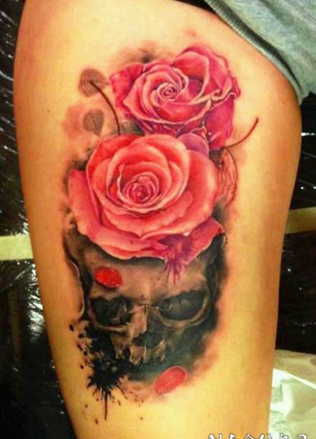 大腿上的玫瑰骷髅头纹身图案