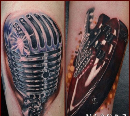 小臂上的麦克风吉他纹身图案