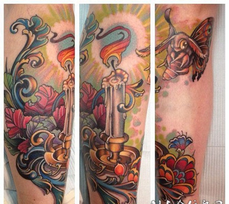 小腿上的蜡烛和花朵纹身图案