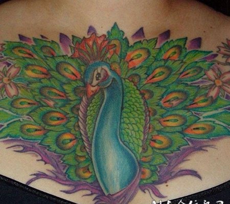 胸前的孔雀开屏纹身图案