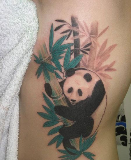 侧腰熊猫竹子纹身图片