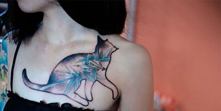 胸部性感创意竹子猫咪纹身