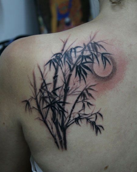 肩部竹子月亮纹身图片