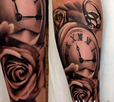 小臂上的玫瑰花钟表纹身图案