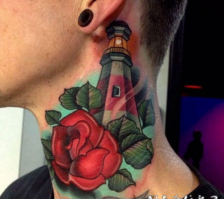 脖子上的玫瑰花灯塔纹身图案