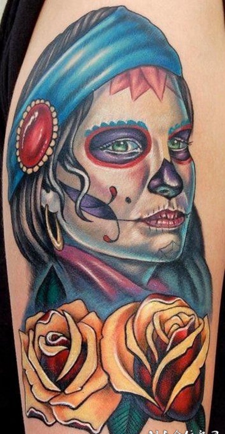 大臂上的deadgirl玫瑰花纹身图案