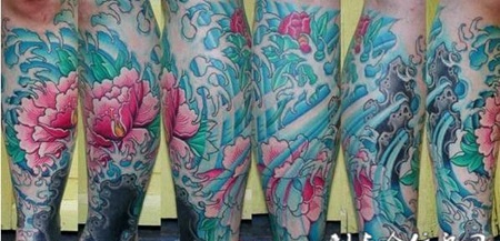 包小腿水花牡丹纹身图案