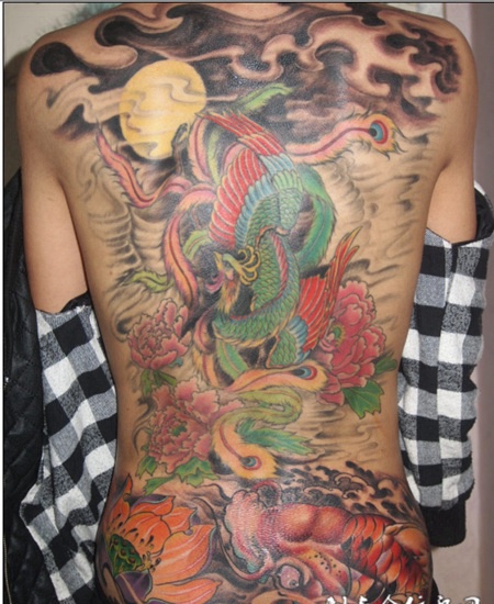 满背凤凰牡丹纹身图案