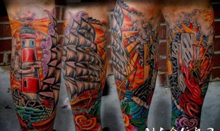 包小腿帆船十字架纹身图案