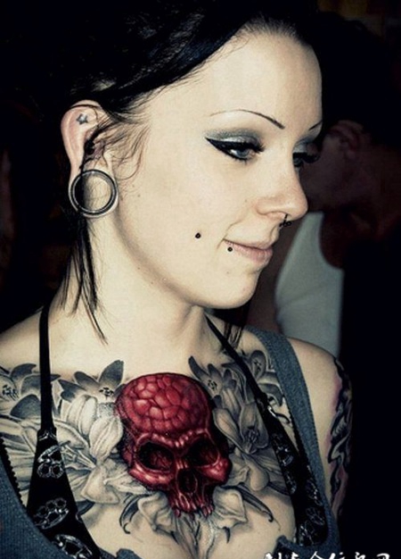 花胸骷髅头百合花纹身图案
