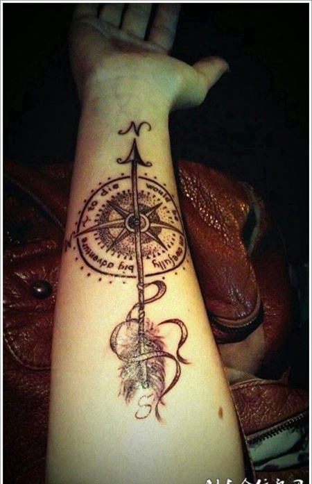 小臂上的指南针箭支纹身图案