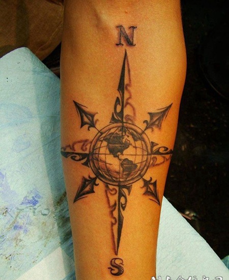 小臂上的地球指南针网纹身图案