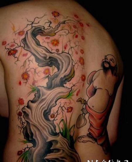 满背古树佛陀纹身图案