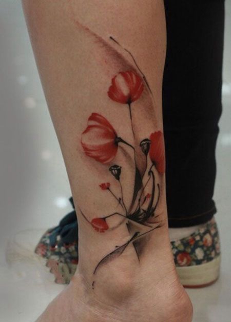 脚踝罂粟花纹身图案