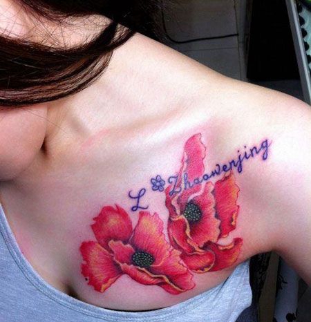 胸部彩色罂粟花纹身图案