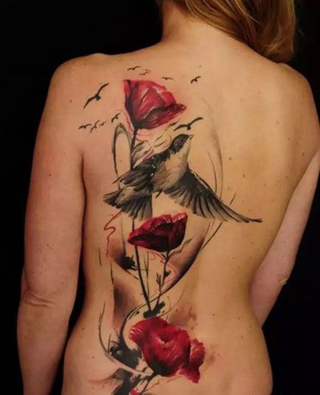 背部个性罂粟花纹身图片