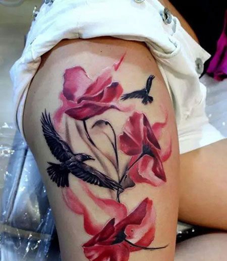 大腿个性罂粟花纹身图片