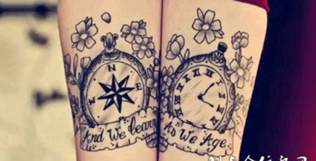 小臂上的指南针和时钟纹身图案