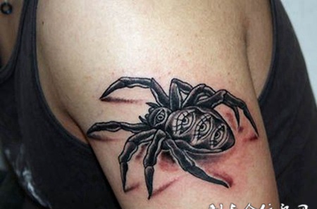 大臂上的黑灰色的蜘蛛纹身图案